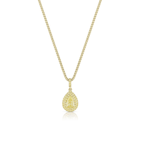 pear cut fancy yellow diamond pendant necklace in a raised setting<br>accented by two tiers of yellow diamond pave <span class='visuallyhidden'>Call or text 323-404-2959 if you need shopping assistance.</span>